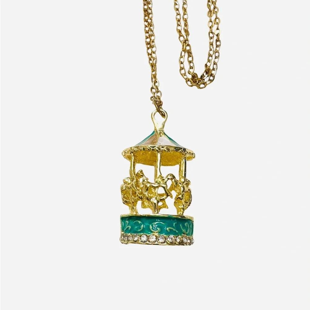 Gold and Teal Carousel Pendant‎ Necklace